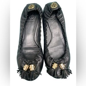 Tory Burch Black Leather Flats with Gold Accents
